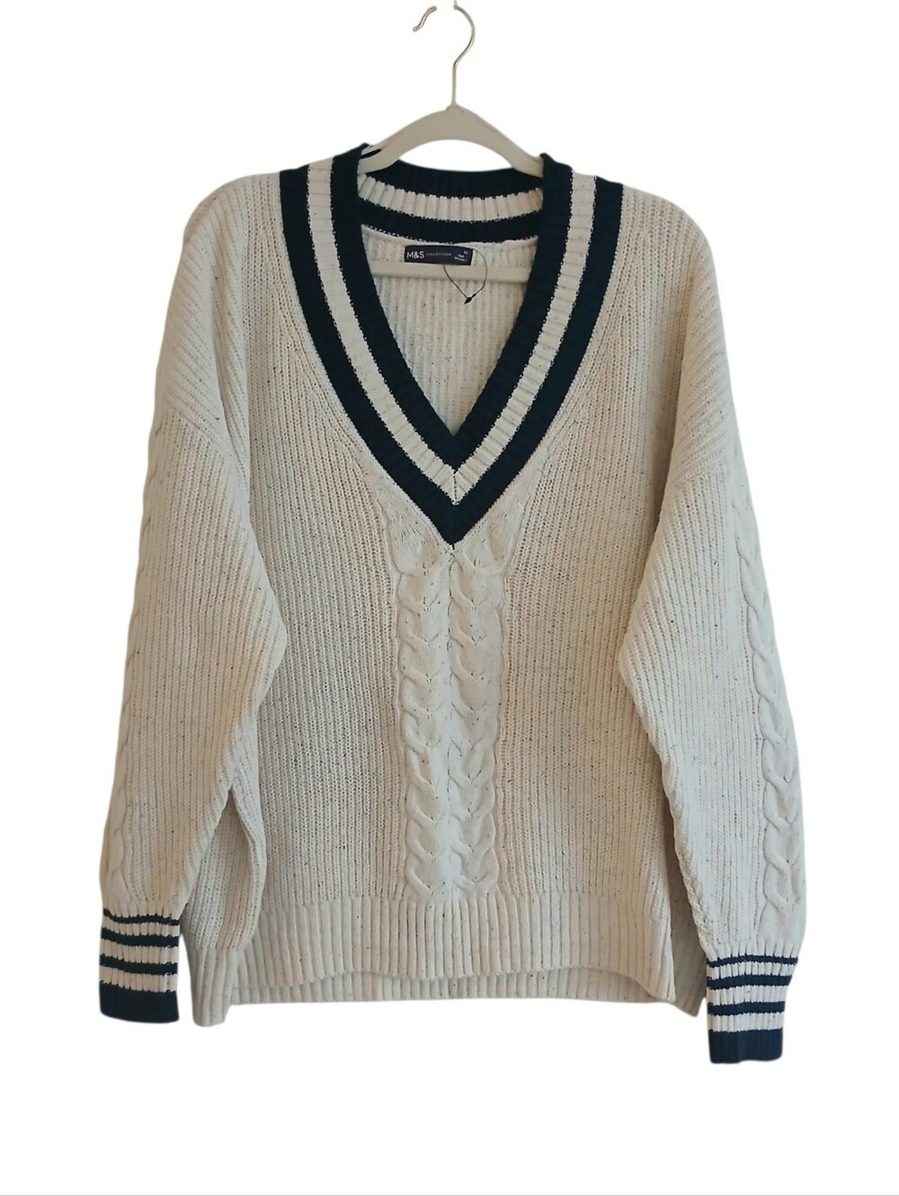 NWOT M&S Collection Oversized Varsity Tennis Prep Cable Knit Sweater XL Cream